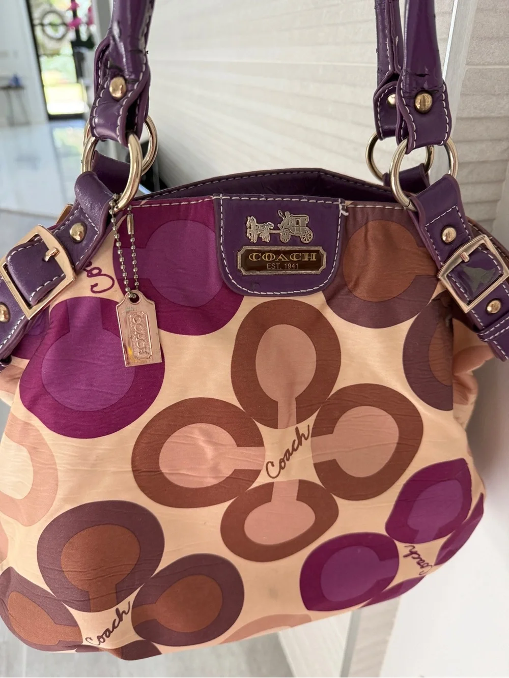 Coach Purple and Brown Signature Pattern Shoulder Bag